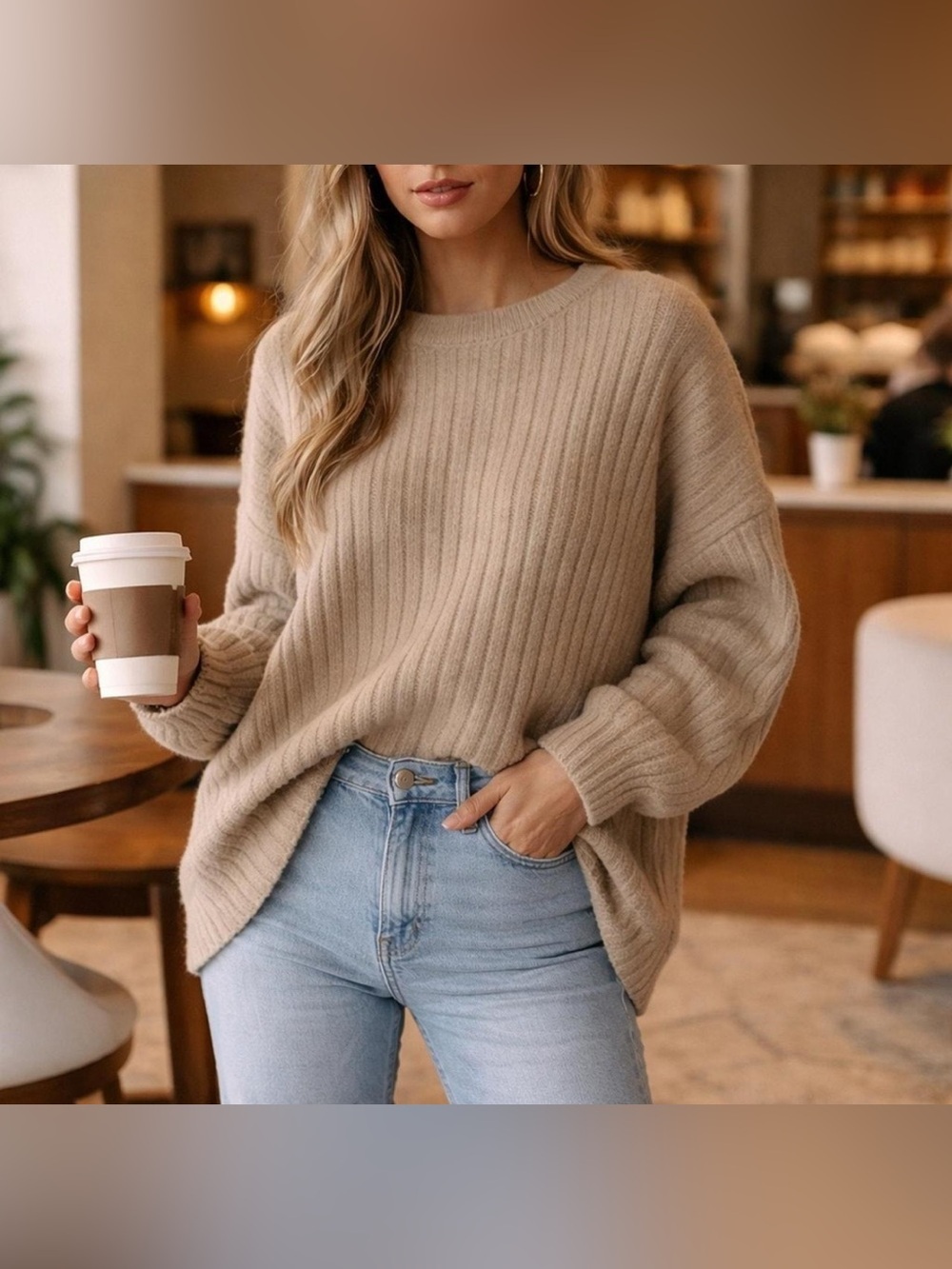 Aerie American Eagle Oversized Soft Crewneck Sweater Buttercream Ribbed Knit M